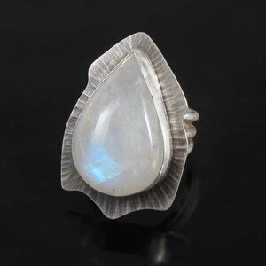 Chunky Rainbow Moonstone Sterling Silver 925 Ring with Triple Wire Band, Size 7